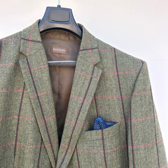 Samuel Windsor Suit Set Jacket Waistcoat Vest Wool Green Plaid 48R - Picture 6 of 12